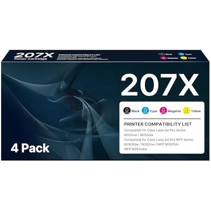 تونر 207X 207A مع شريحة متوافق مع HP Color LaserJet MFP 283FDN 283CDW 283CDW 283FDW M282NW، PRO M255DW M255NW، W2210X W2211X W2212X W2213X خرطوشة تونر (أسود، سيان، أصفر، ماجنتا، 4) - Image 1