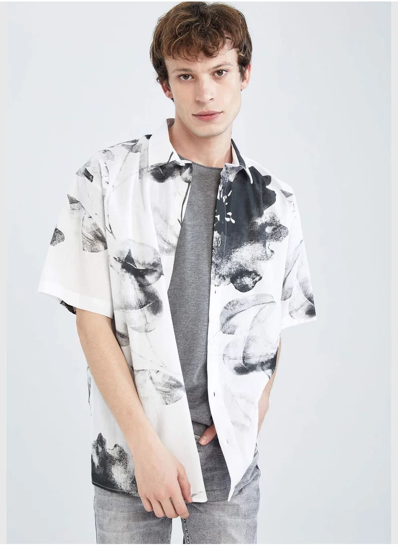 DeFacto Oversized Short Sleeve Palm Print Poplin Shirt