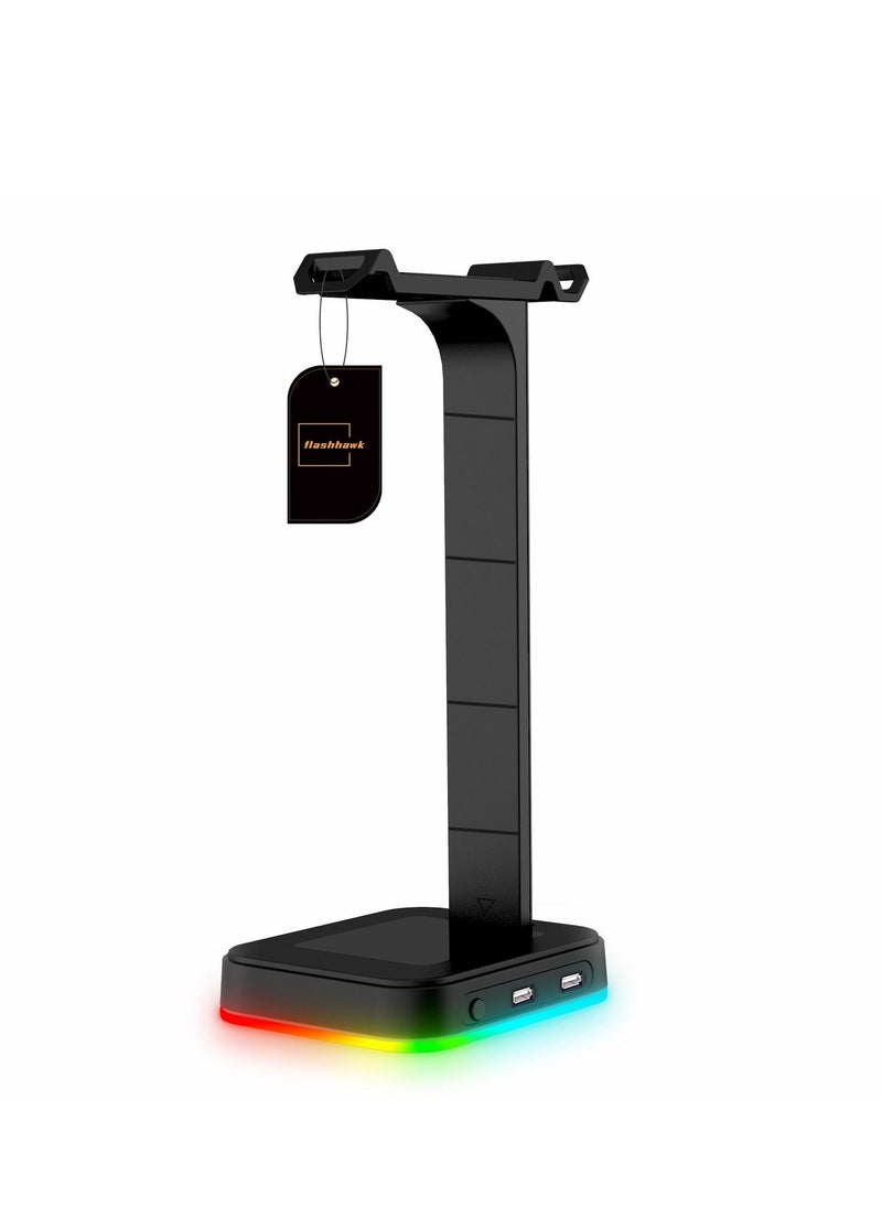 FlashHawk RGB Light Gaming Headset Stand, with Dual USB Ports, Headphone Holder with Dynamic Lighting, Space-Saving Desktop Gaming Accessories, Black  - Image 1