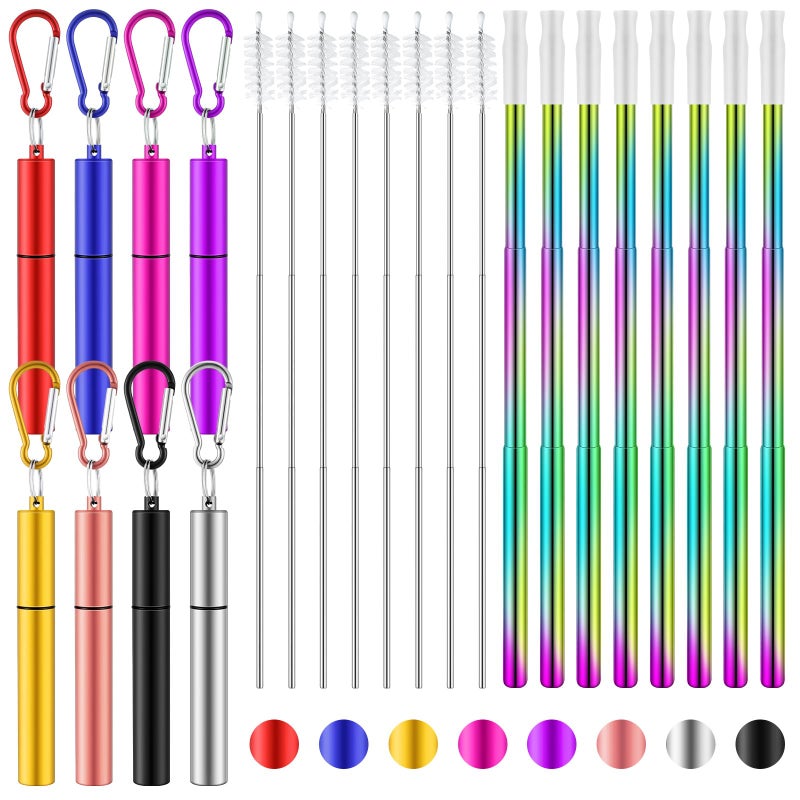 Zubebe Zubebe 8 Pack Metal Reusable Straw Collapsible Straws Stainless Steel Drinking Straw with Plastic Case Silicone Tip and Cleaning Brush and Keychain Long Telescopic Portable for Travel Work