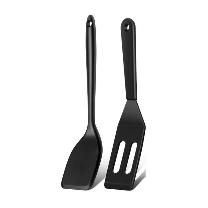 MINI SERVING SPATULA 2PCS SET SILICONE SERVE TURNER HEATRESISTANT COOKIE SLOTTED SPATULA FOR KITCHEN COOKING BLACK