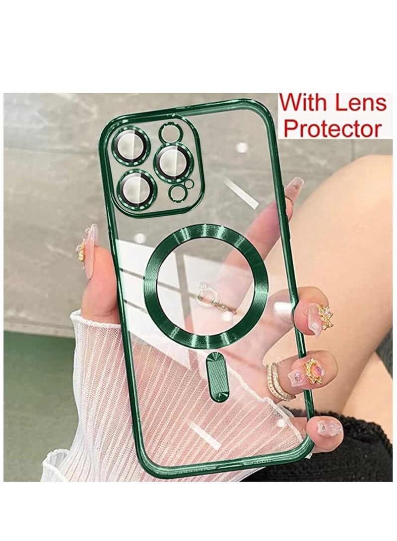 إلترازون Magnetic Case for iPhone 15 Pro Max with Integrated Camera Lens Protector, [Compatible with MagSafe] [Metallic Glossy Soft Bumper], Diamond Clear Phone Case Cover for iPhone 15 Pro Max (6.7") (Green) - Image 2