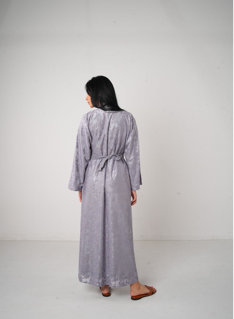 جميلة عباية مفتوحة رمادية كاملة الدانتيل 3 قطع - Image 4