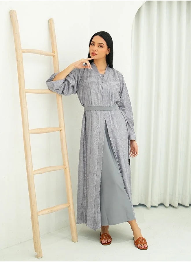 JAMEELA Grey Full lace Open Abaya 3 pieces Set