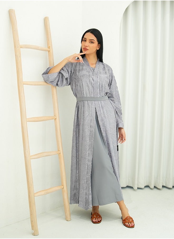 جميلة عباية مفتوحة رمادية كاملة الدانتيل 3 قطع - Image 3