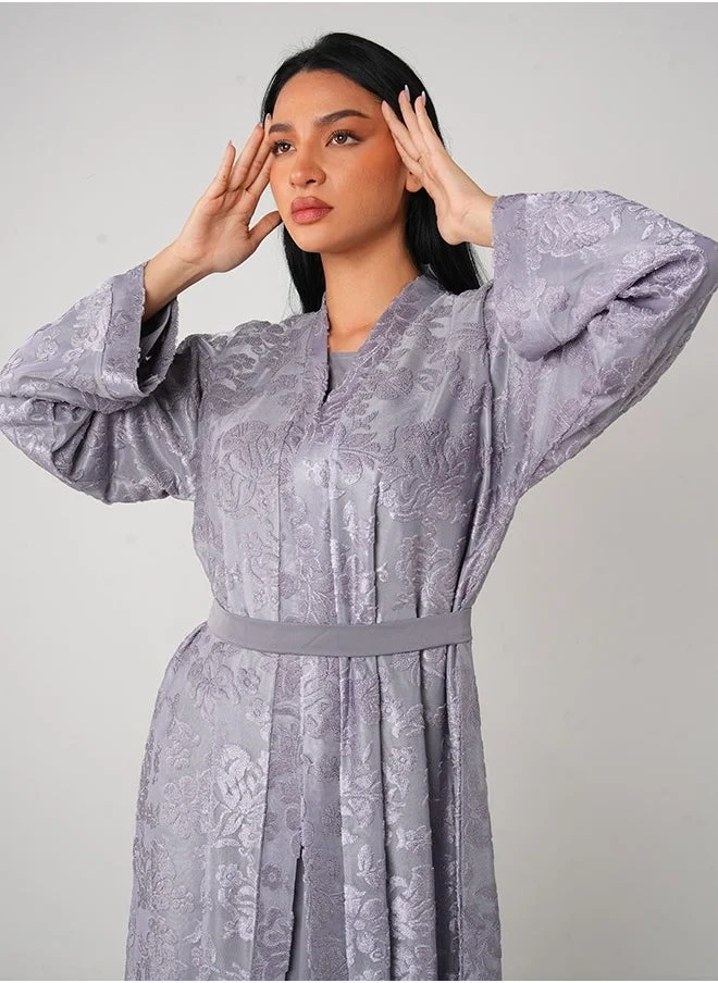 جميلة Grey Full lace Open Abaya 3 pieces Set