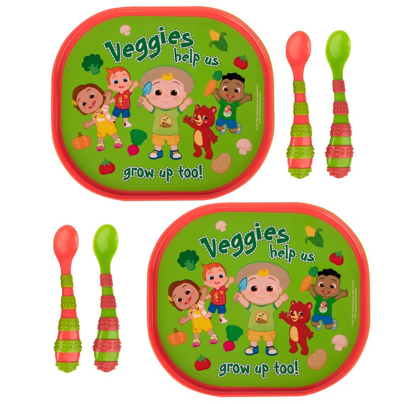 The First Years CoComelon Toddler Dinnerware Set - Plastic Dinnerware Set and Toddler Utensils - 2 Reversible Baby Plates and 4 Textured Baby Spoons - Image 1