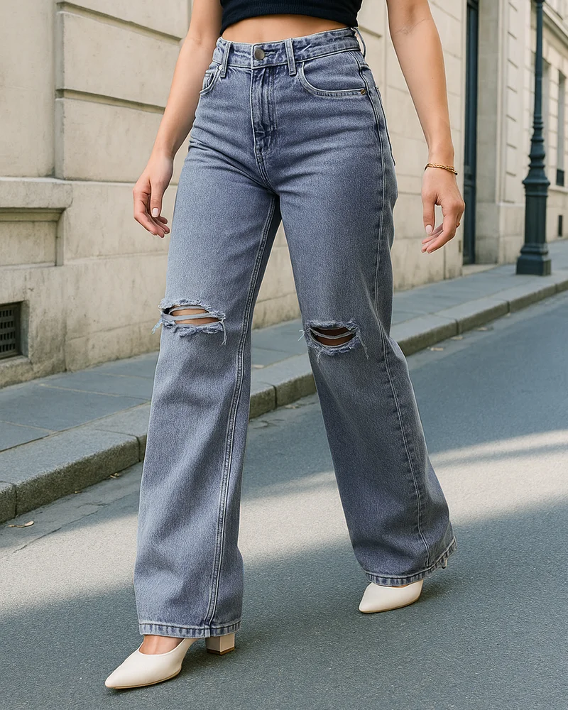 bewakoof Women's Blue Washed Baggy Straight Fit Distressed Jeans