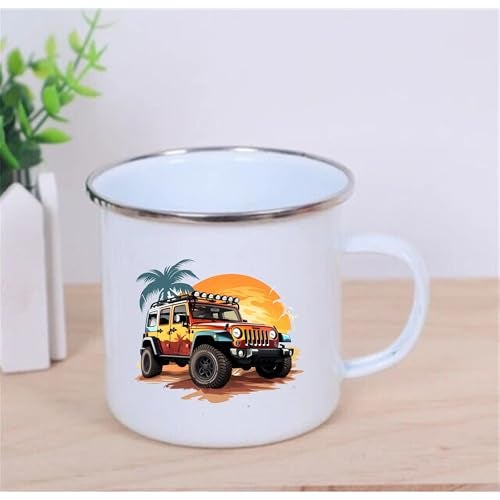 TAJNAN Coffee Mug | Unbreakable Enamel | Mountains Travel Print | Military Mug | Unique and Stylish | Birthday Travel Gift (Metal), 350 Milliliter (Yellow Car) - Image 3