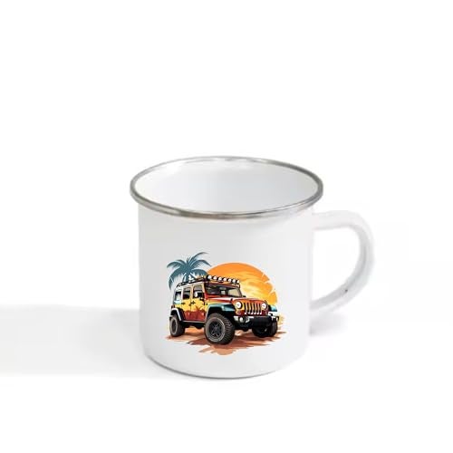 TAJNAN Coffee Mug | Unbreakable Enamel | Mountains Travel Print | Military Mug | Unique and Stylish | Birthday Travel Gift (Metal), 350 Milliliter (Yellow Car) - Image 1