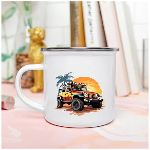 TAJNAN Coffee Mug | Unbreakable Enamel | Mountains Travel Print | Military Mug | Unique and Stylish | Birthday Travel Gift (Metal), 350 Milliliter (Yellow Car) - Image 4