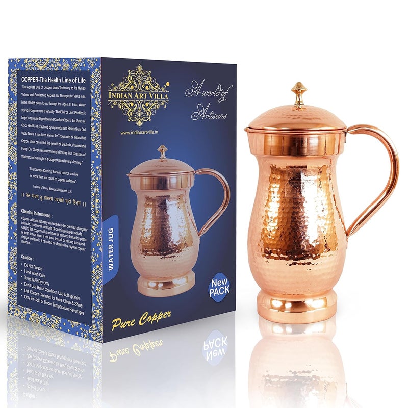 INDIAN ART VILLA Indian Art Villa Hammered Mughlai Design Copper Jug Pitcher Storage Serving Water Home Restaurant 1600 ML - Image 1