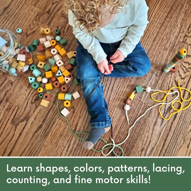 LMC Products Wooden Lacing Beads  Strings 125 Pieces Fine Motor Skills Toys for 3 Year Old Boho Colors - Image 3