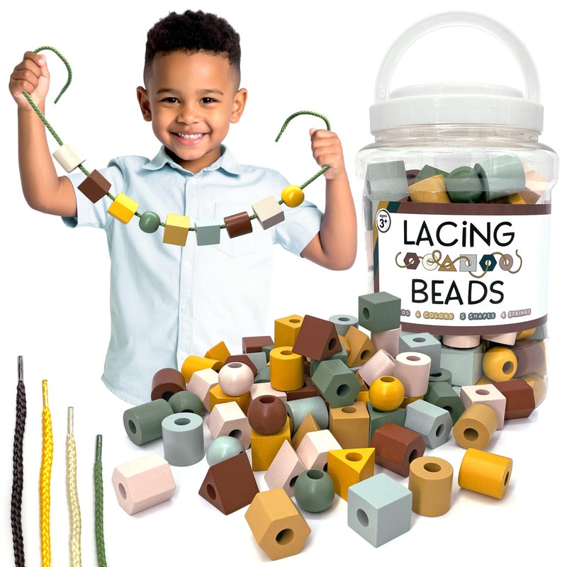 LMC Products Wooden Lacing Beads  Strings 125 Pieces Fine Motor Skills Toys for 3 Year Old Boho Colors - Image 2