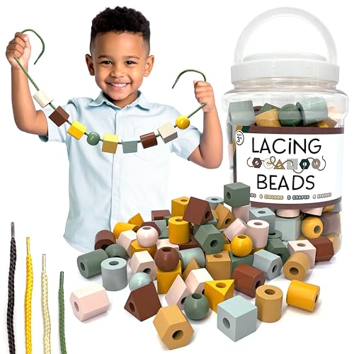 LMC Products Wooden Lacing Beads  Strings 125 Pieces Fine Motor Skills Toys for 3 Year Old Boho Colors - Image 1