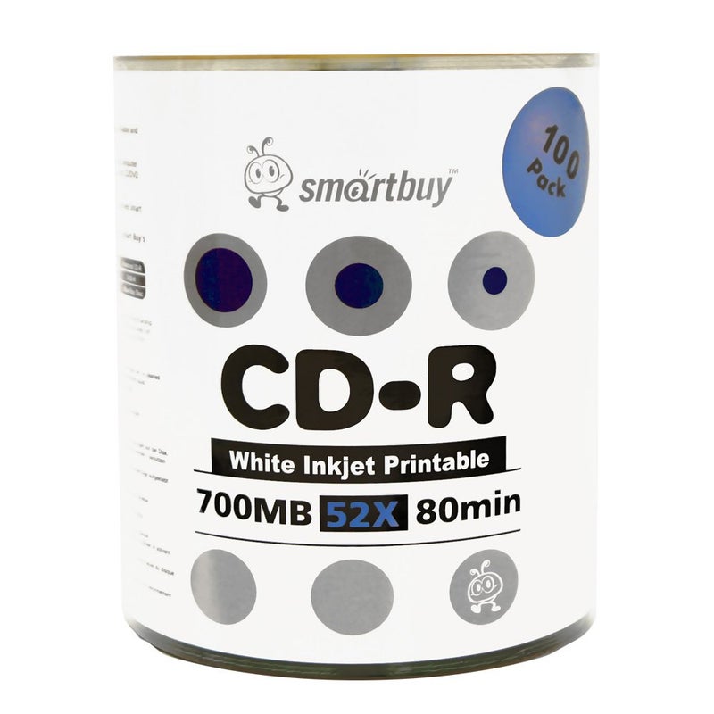 Smartbuy 100-disc 700mb/80min 52x CD-R White Inkjet Hub Printable Blank Recordable Media Disc - Image 1