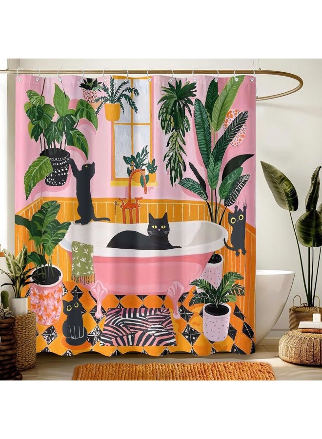 Fowocu Funny Cat Shower Curtain Boho Cute Fun Black Cats Matisse Shower Curtains for Bathroom Kitten Green Tropical Plant Leaves Pink Orange Yellow Waterproof Fabric Bath Curtain Decor 72 X 72 Inches - Image 3