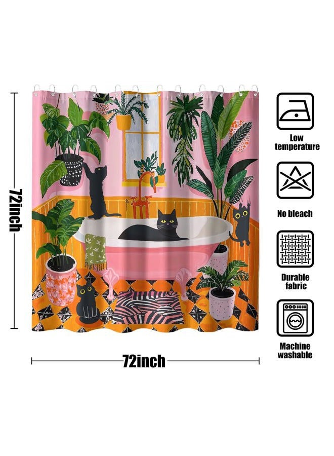 Fowocu Funny Cat Shower Curtain Boho Cute Fun Black Cats Matisse Shower Curtains for Bathroom Kitten Green Tropical Plant Leaves Pink Orange Yellow Waterproof Fabric Bath Curtain Decor 72 X 72 Inches - Image 2