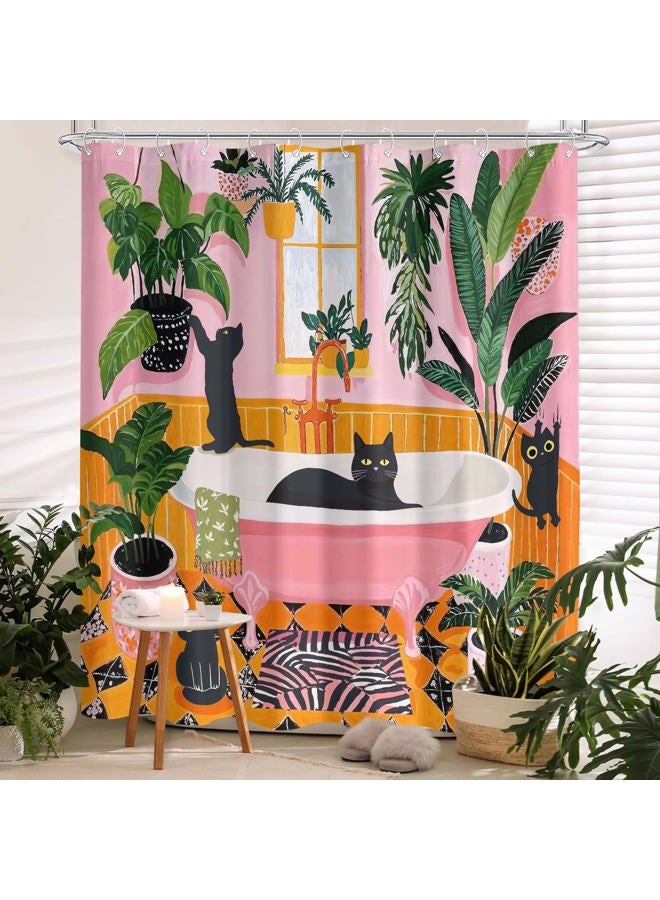 Fowocu Funny Cat Shower Curtain Boho Cute Fun Black Cats Matisse Shower Curtains for Bathroom Kitten Green Tropical Plant Leaves Pink Orange Yellow Waterproof Fabric Bath Curtain Decor 72 X 72 Inches - Image 5