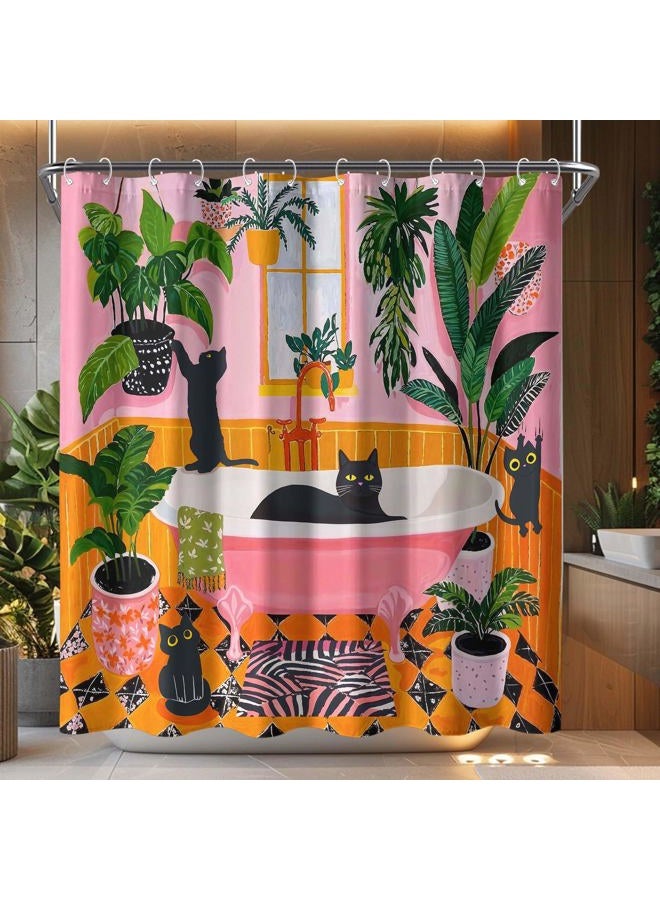 Fowocu Funny Cat Shower Curtain Boho Cute Fun Black Cats Matisse Shower Curtains for Bathroom Kitten Green Tropical Plant Leaves Pink Orange Yellow Waterproof Fabric Bath Curtain Decor 72 X 72 Inches - Image 1