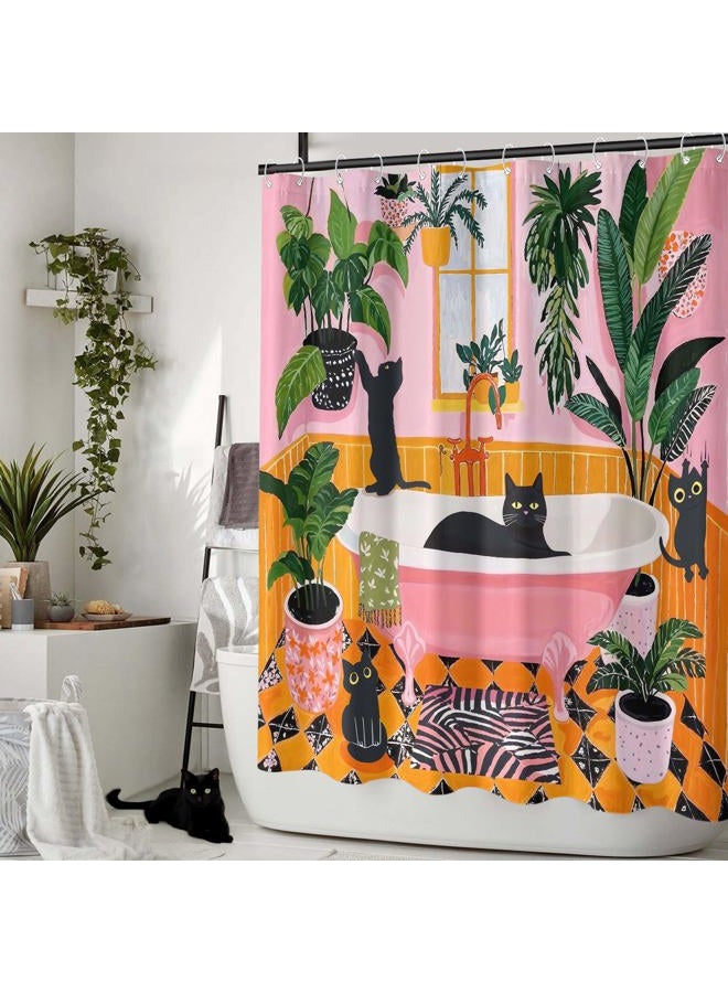 Fowocu Funny Cat Shower Curtain Boho Cute Fun Black Cats Matisse Shower Curtains for Bathroom Kitten Green Tropical Plant Leaves Pink Orange Yellow Waterproof Fabric Bath Curtain Decor 72 X 72 Inches - Image 4