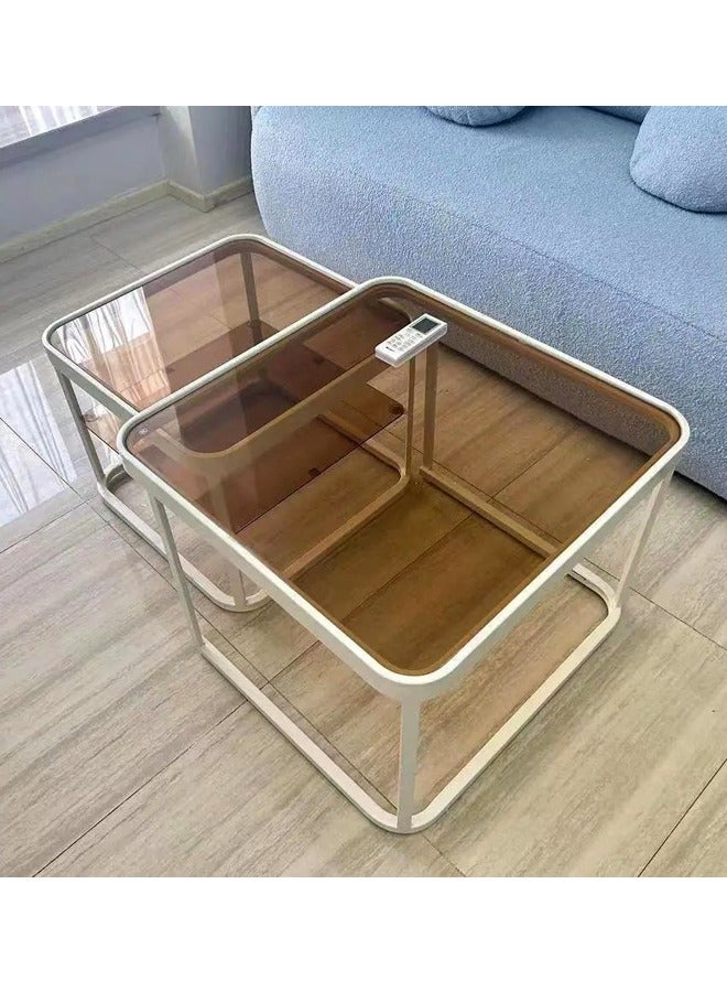 رافين مجموعة من 2 طاولات قهوة بتصميم متداخل قابل للسحب متعددة الأغراض، سطح من الزجاج المقسى بنمط فاخر مع أضواء LED مزخرفة، طاولات مركزية، طاولات نهائية متينة، قاعدة معدنية متينة، طاولة تقديم لغرفة المعيشة، المنزل، المكتب، 60 × 60 × 45 و50 × 50 × 40 سم - Image 3