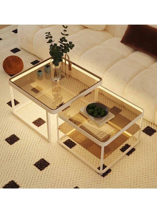 رافين مجموعة من 2 طاولات قهوة بتصميم متداخل قابل للسحب متعددة الأغراض، سطح من الزجاج المقسى بنمط فاخر مع أضواء LED مزخرفة، طاولات مركزية، طاولات نهائية متينة، قاعدة معدنية متينة، طاولة تقديم لغرفة المعيشة، المنزل، المكتب، 60 × 60 × 45 و50 × 50 × 40 سم - Image 5