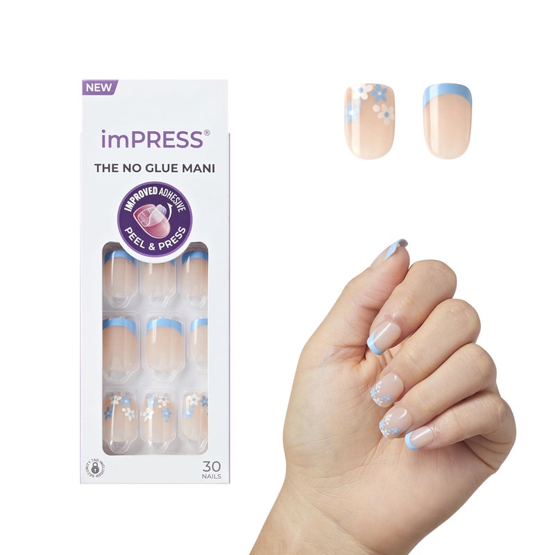 Impress KISS imPRESS No Glue Mani Press On Nails, French, 'Snooze', Blue, Short Size, Squoval Shape, Includes 30 Nails, Prep Pad, Instructions Sheet, 1 Manicure Stick, 1 Mini File - Image 1
