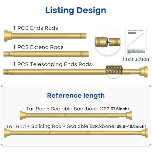 QINGYUN Tension Rod for Windows 28 to 48 Inch Spring Curtain Rods No Drilling 7/8" Diameter Gold Tension Rods Adjustable Curtain Rods Expandable Pressure Spring Tension Rods for Closet Doorway Kitchen Door - Image 2