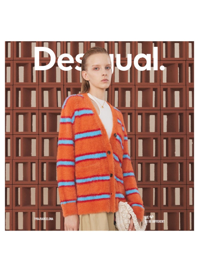 DESIGUAL knitted Faux Mink Fur Color-block Striped Mid-length Cardigan For Women - Image 4