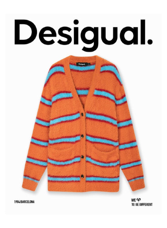 DESIGUAL knitted Faux Mink Fur Color-block Striped Mid-length Cardigan For Women - Image 1
