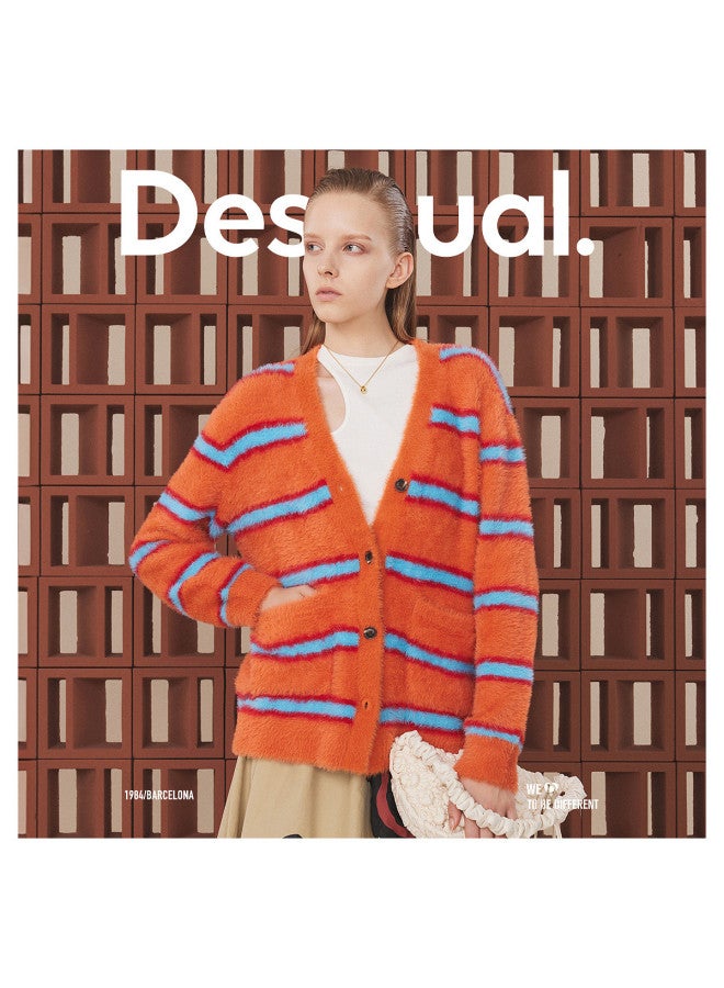 DESIGUAL knitted Faux Mink Fur Color-block Striped Mid-length Cardigan For Women - Image 3