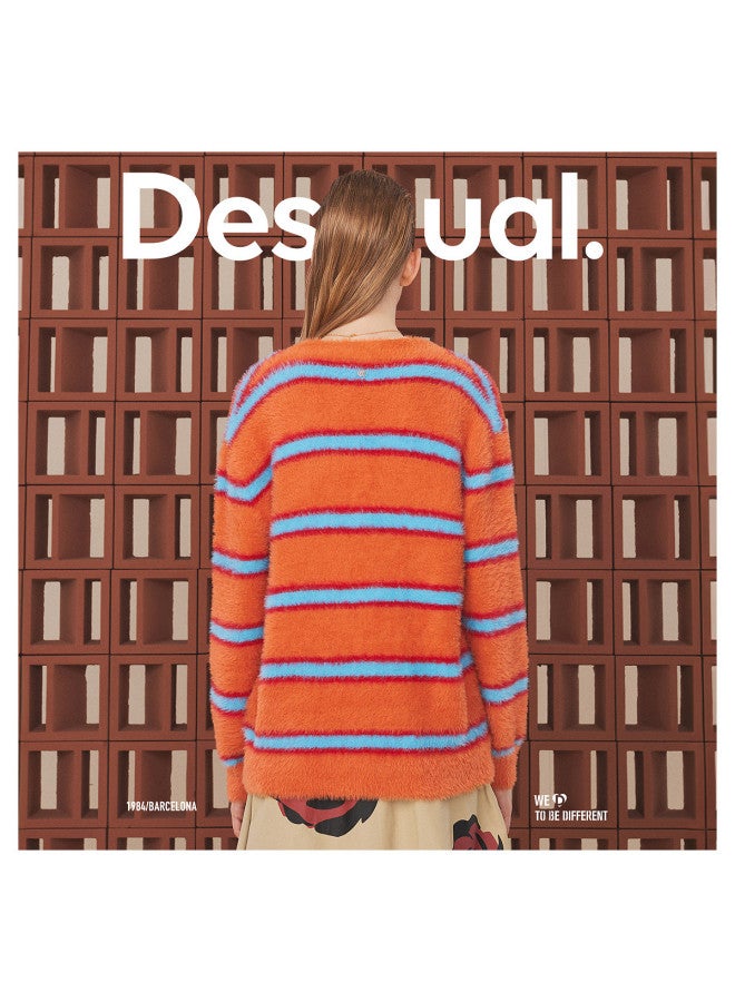 DESIGUAL knitted Faux Mink Fur Color-block Striped Mid-length Cardigan For Women - Image 5