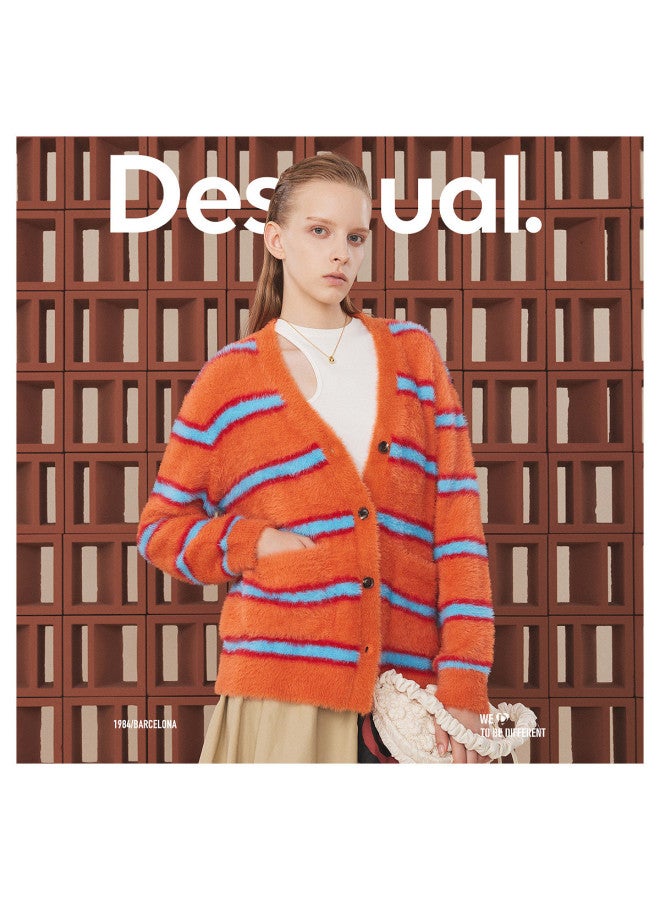 DESIGUAL knitted Faux Mink Fur Color-block Striped Mid-length Cardigan For Women - Image 2