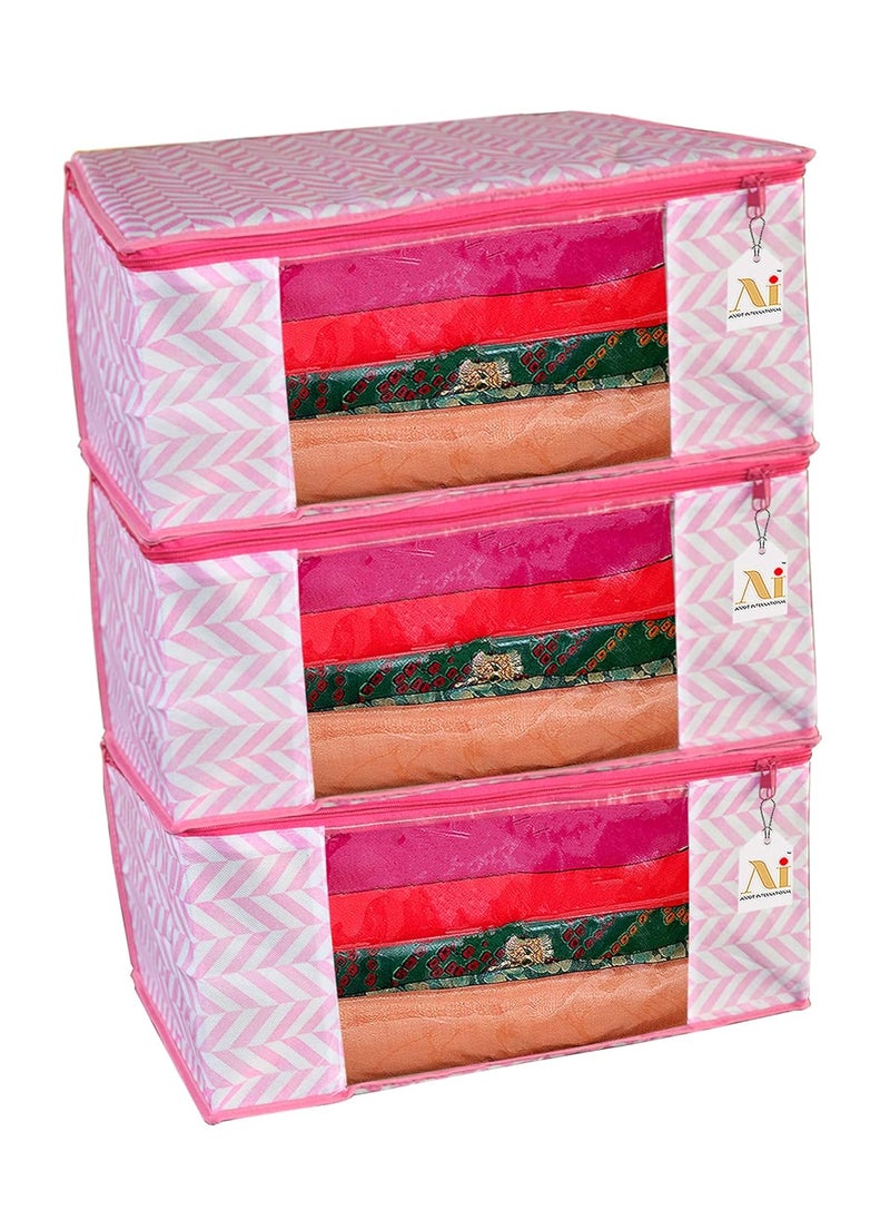 AI ANKIT INTERNATIONAL ANKIT INTERNATIONAL Garments Protector Zigzag Pink Print Saree coverClothes Storage Bag with Dust Protection Front Clear window Zip Closure for MultiPurpose Clothing Storage Pack of 3 16 x 14 x 9 inchesAIZGRYPK03  - Image 1
