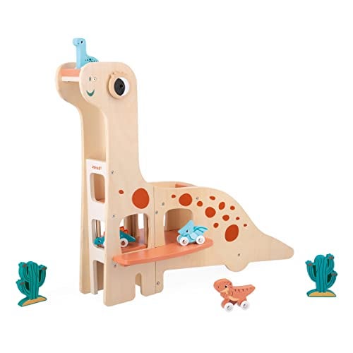 Janod Dino Wooden Dinosaur Garage Imaginative Play Encourages Creativity and Storytelling Enhances Motor Skills Design Safe for Kids Ages 26 Years J05835 - Image 1
