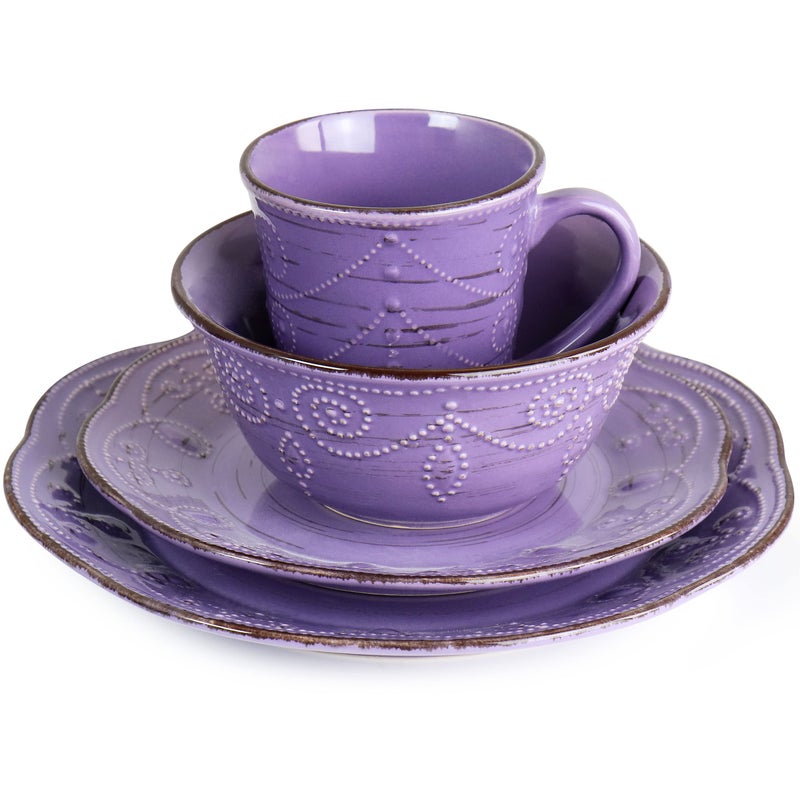 Elama Rustic Birch 16 Piece Stoneware Dinnerware Set in Purple, Purple with Brown Accents, (EL-RUSTICBIRCH) - Image 3