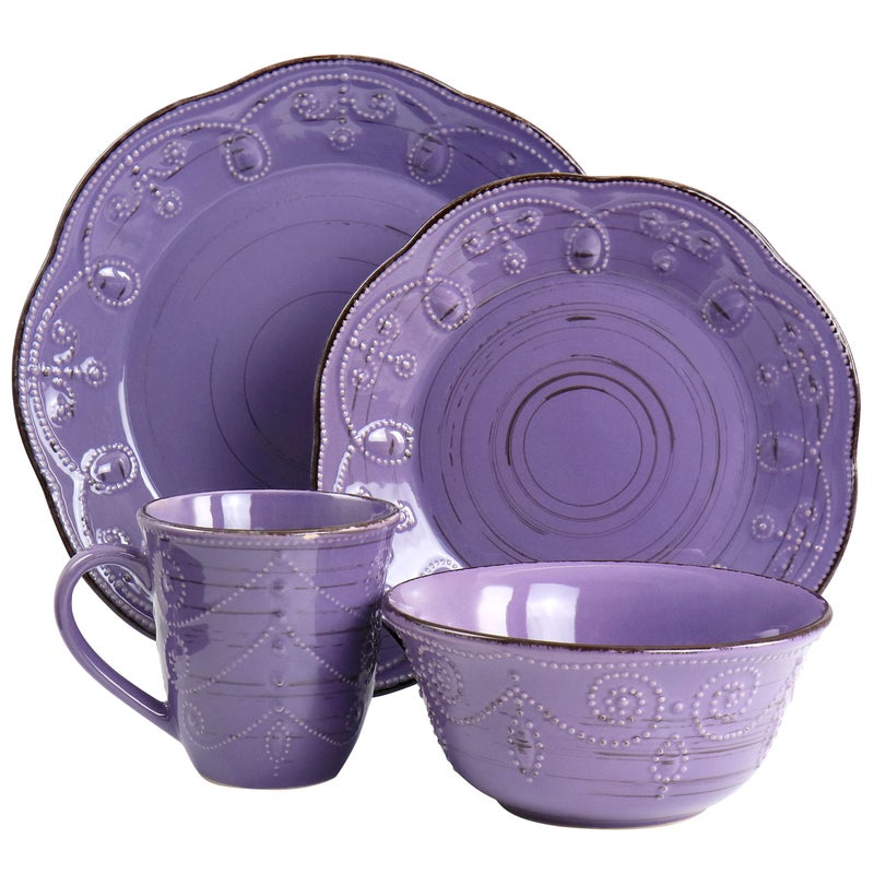 Elama Rustic Birch 16 Piece Stoneware Dinnerware Set in Purple, Purple with Brown Accents, (EL-RUSTICBIRCH) - Image 2