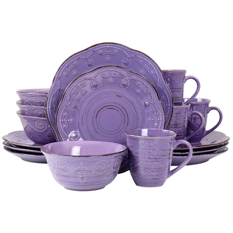 Elama Rustic Birch 16 Piece Stoneware Dinnerware Set in Purple, Purple with Brown Accents, (EL-RUSTICBIRCH) - Image 1