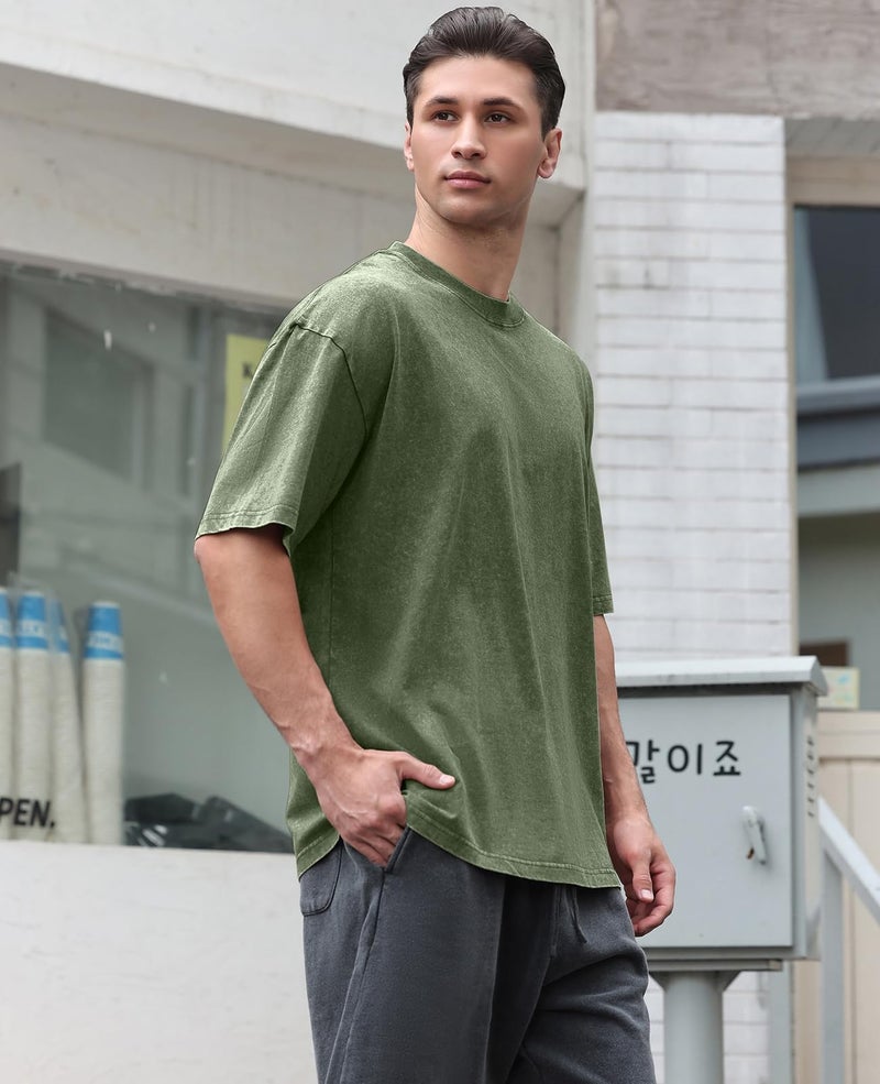 KEEPSHOWING 4 Pack Mens Oversized T Shirts Acid Wash T Shirt Loose Fit Vintage Washed Tee Shirt Short Sleeve Streetwear Casual T-Shirts(BKGYBGAG,l) - Image 3