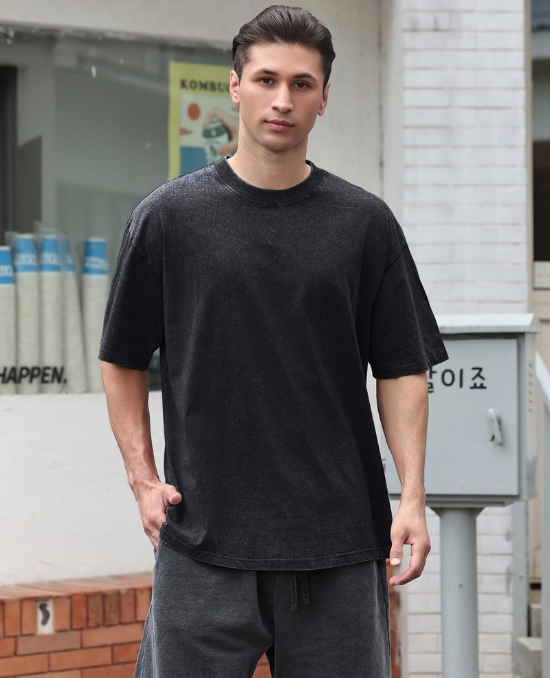KEEPSHOWING 4 Pack Mens Oversized T Shirts Acid Wash T Shirt Loose Fit Vintage Washed Tee Shirt Short Sleeve Streetwear Casual T-Shirts(BKGYBGAG,l) - Image 2