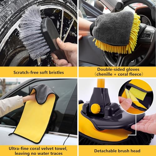 DEPOTA Car Wash Brush with Long Handle, 15°Curved Car Cleaning Brush with Replaceable Head Cover, Truck Washing Brushwith Telescopic Handle Wash Mop Kit 5PCS - Image 4