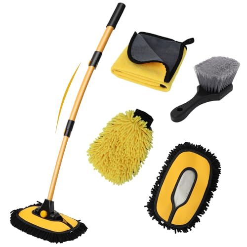 DEPOTA Car Wash Brush with Long Handle, 15°Curved Car Cleaning Brush with Replaceable Head Cover, Truck Washing Brushwith Telescopic Handle Wash Mop Kit 5PCS - Image 1