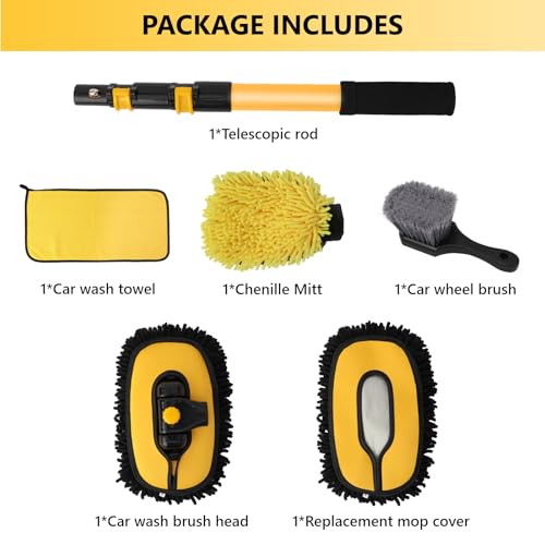 DEPOTA Car Wash Brush with Long Handle, 15°Curved Car Cleaning Brush with Replaceable Head Cover, Truck Washing Brushwith Telescopic Handle Wash Mop Kit 5PCS - Image 5