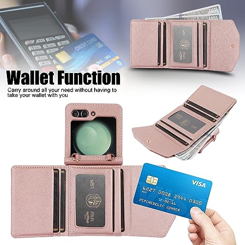 XIMAND for Samsung Galaxy Z Flip 6 Wallet Case with Builtin Leather Cash Slot and Credit Card Holder Wristlet Strap and Hinge Protection Carrying Handbag Phone Case for Women LadiesRose Gold - Image 3