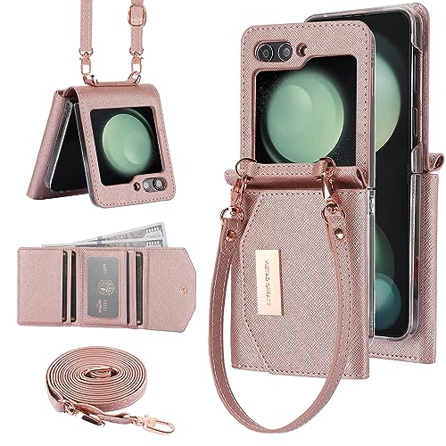 XIMAND for Samsung Galaxy Z Flip 6 Wallet Case with Builtin Leather Cash Slot and Credit Card Holder Wristlet Strap and Hinge Protection Carrying Handbag Phone Case for Women LadiesRose Gold - Image 1