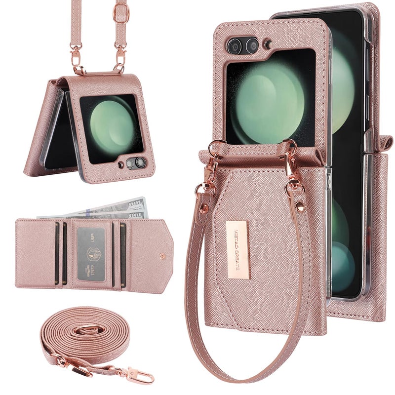 XIMAND for Samsung Galaxy Z Flip 6 Wallet Case with Builtin Leather Cash Slot and Credit Card Holder Wristlet Strap and Hinge Protection Carrying Handbag Phone Case for Women LadiesRose Gold - Image 2