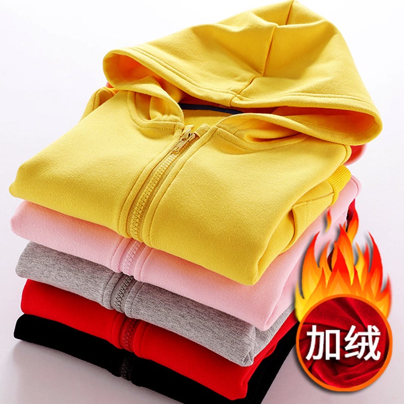 Children Solid Color Fleece-Lined Hooded Zipper Coat Silver Fox Velvet Men And Women Children'S Clothing School Uniforms - Image 3