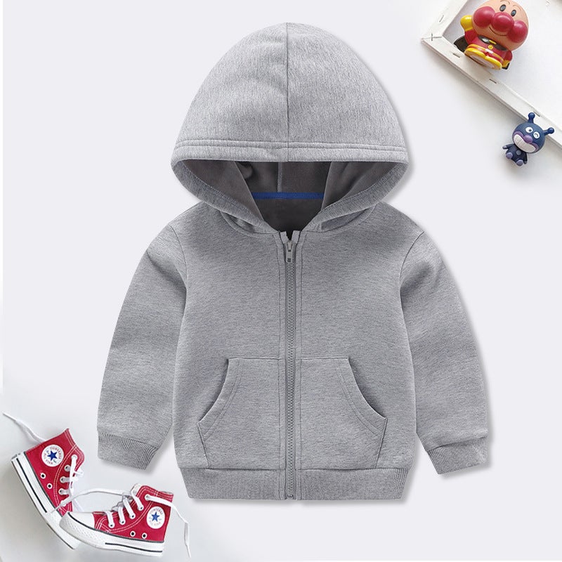 Children Solid Color Fleece-Lined Hooded Zipper Coat Silver Fox Velvet Men And Women Children'S Clothing School Uniforms - Image 1