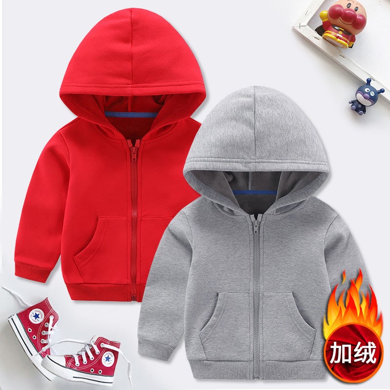 Children Solid Color Fleece-Lined Hooded Zipper Coat Silver Fox Velvet Men And Women Children'S Clothing School Uniforms - Image 2